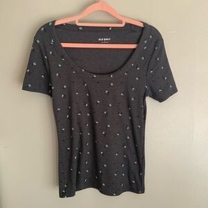 Old Navy Scoop Neck, Dainty Gray Turquoise Flowers Size Medium Cotton Blend